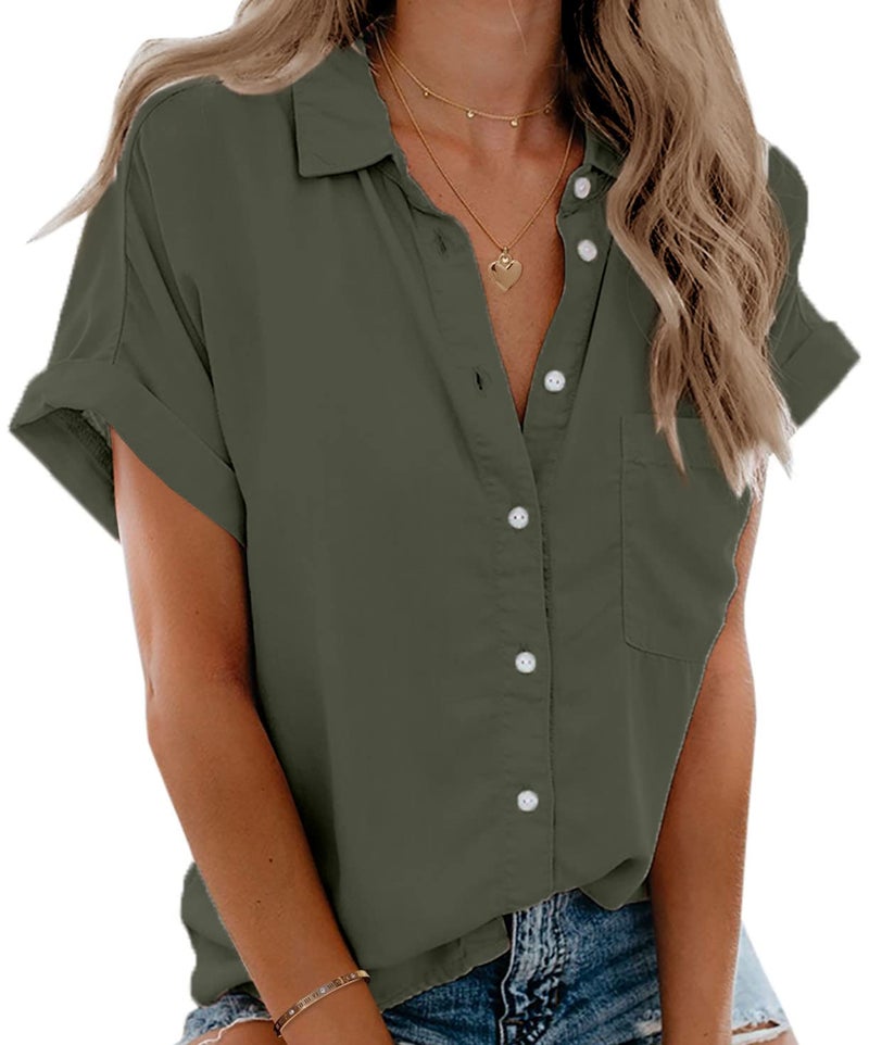 Beautife Womens Short Sleeve Shirts V Neck Collared Button Down Shirt Tops with Pockets Army Green - Image 1